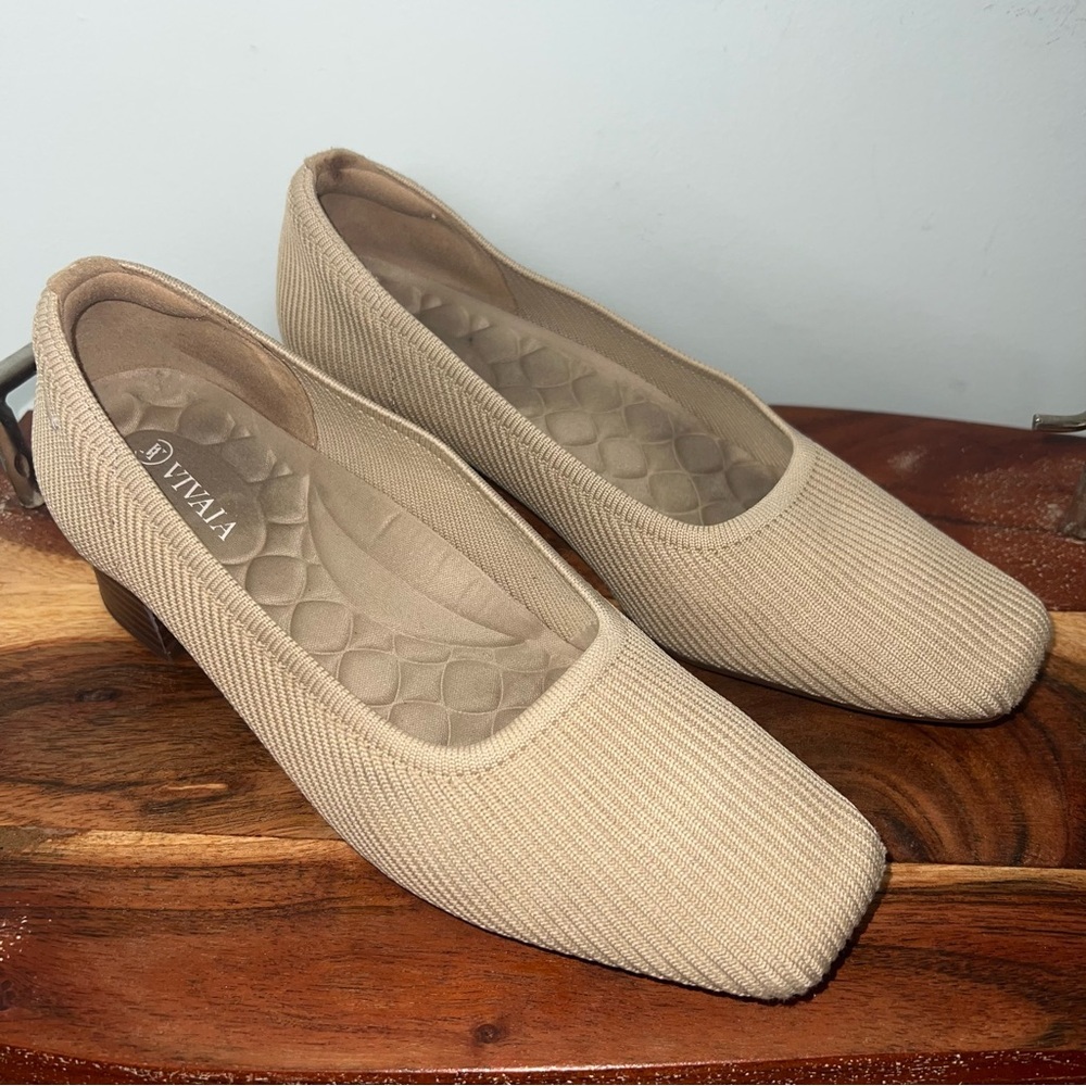 VIVAIA Knit Square Toe Block Heel Pumps Beige Sustainable Comfort Heels 39.5 - Picture 3 of 8